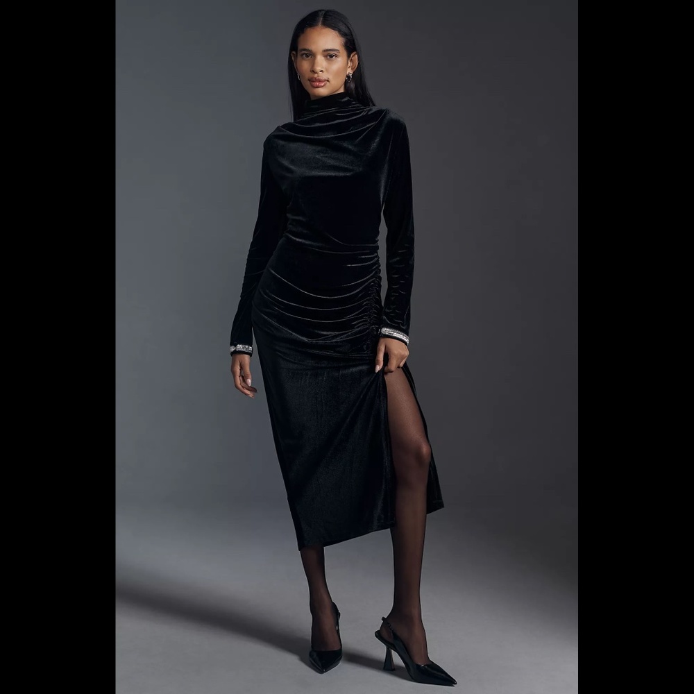 Anthropologie Black Velvet Midi Dress